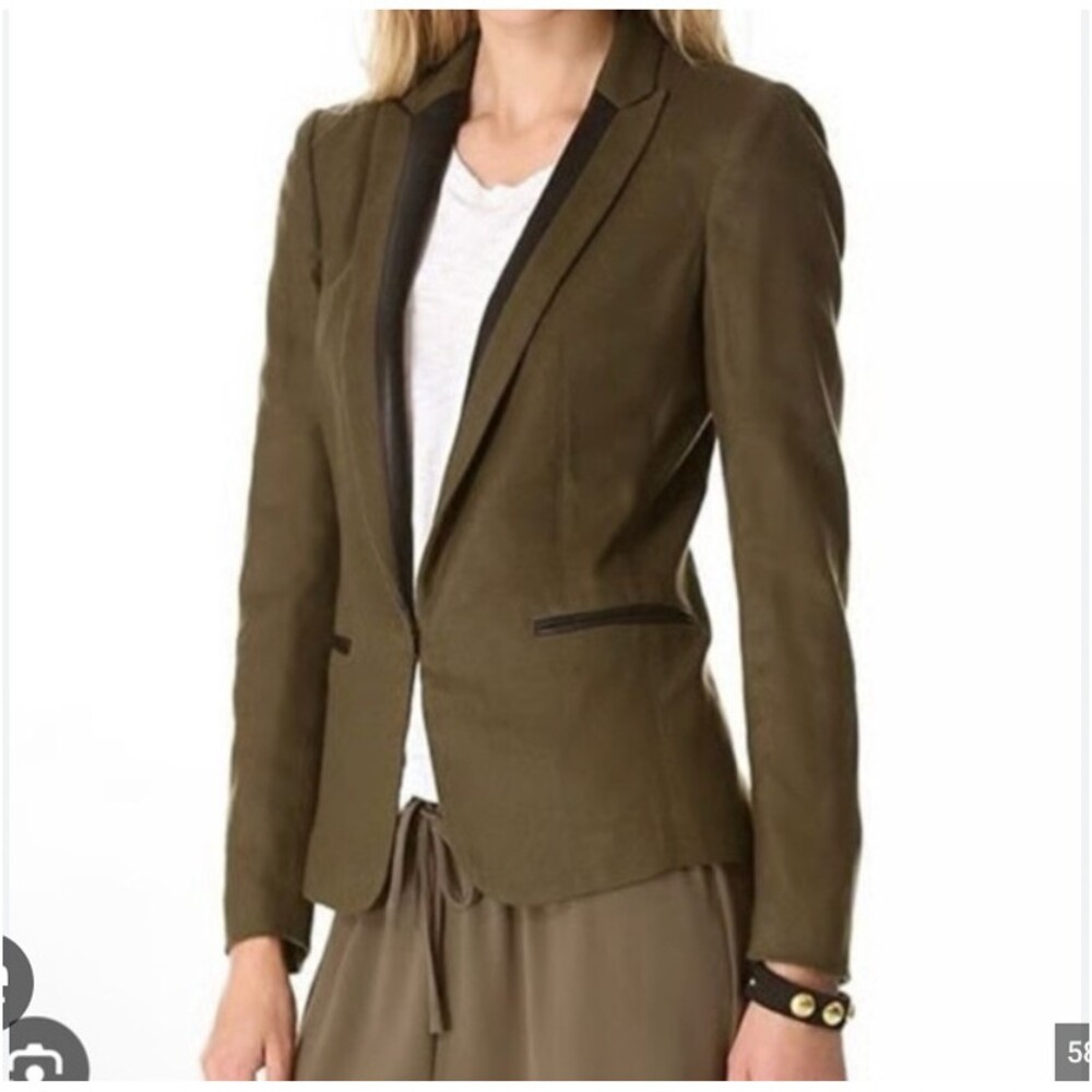 Rag & Bone Lorimer Blazer Womens 0 Green Tuxedo Open Front Leather Trim Jacket